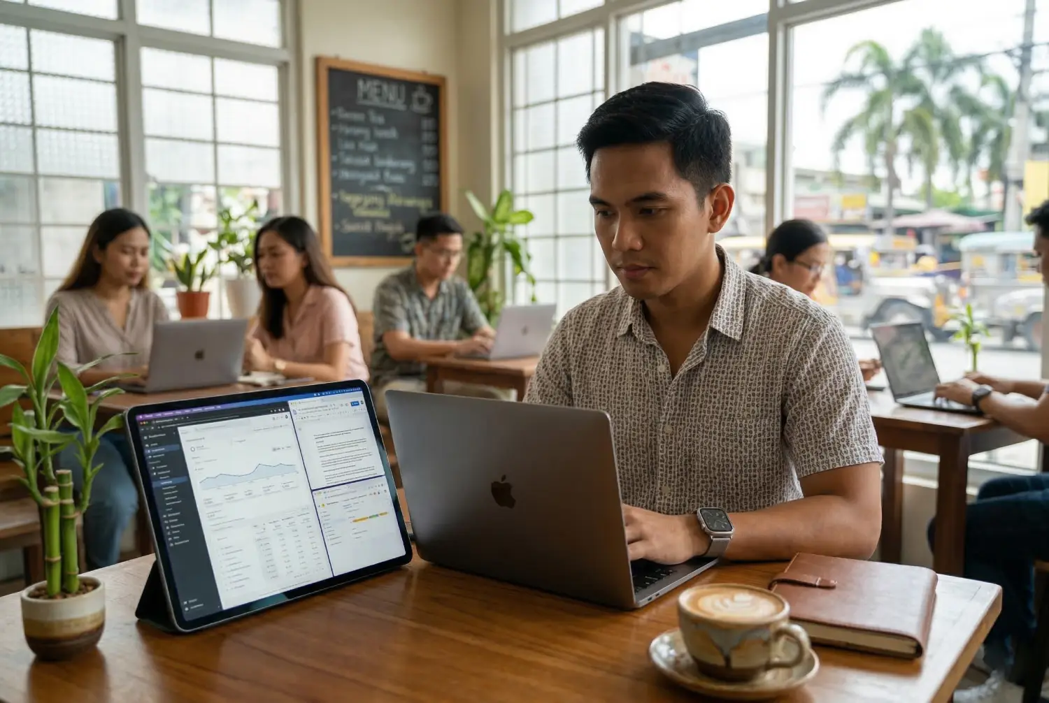A Filipino man using digital marketing skills to manage campaigns on his laptop while working remotely from a local cafe.