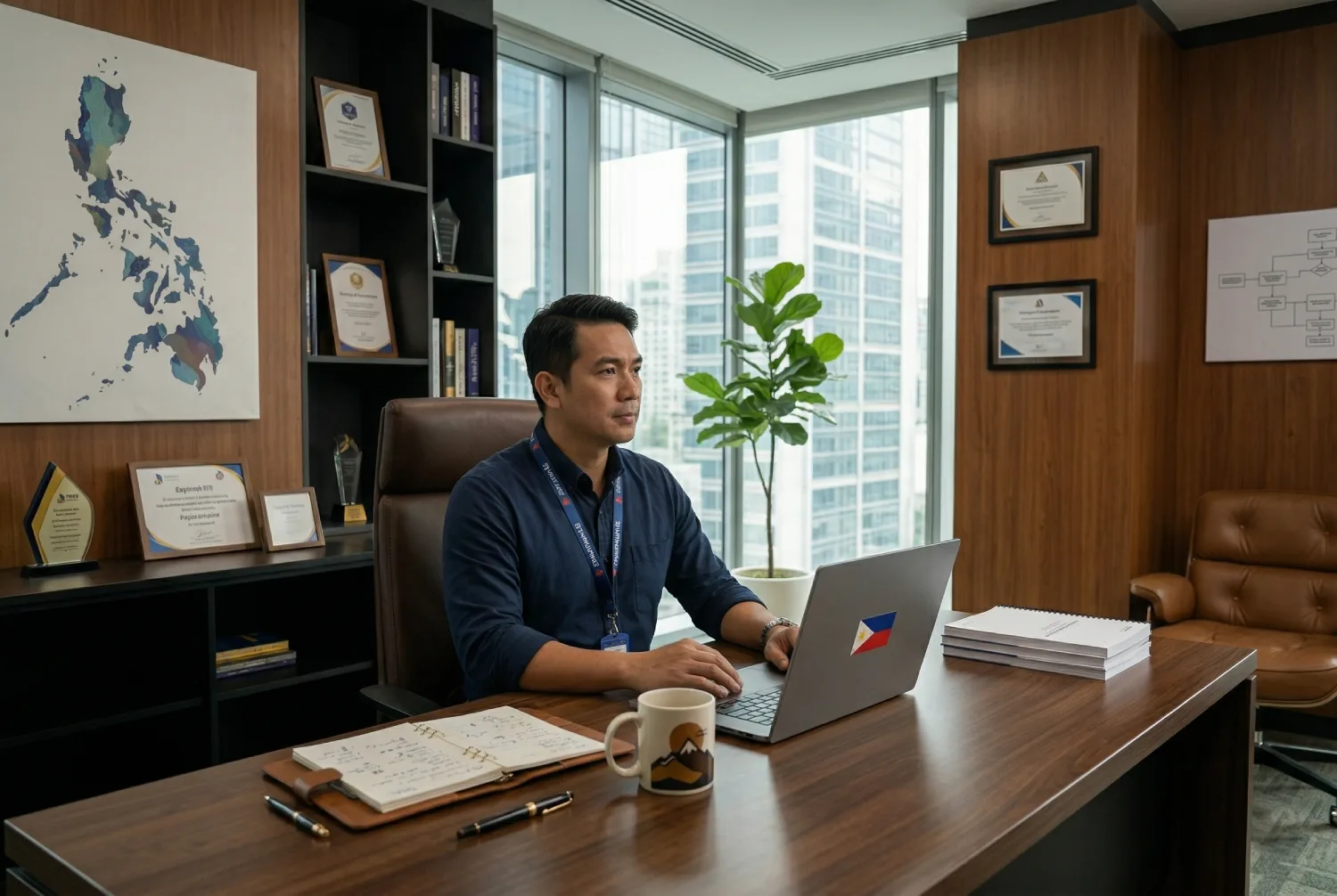 A Filipino male professional working in a private executive office, showcasing credentials earned through free digital marketing training Philippines.