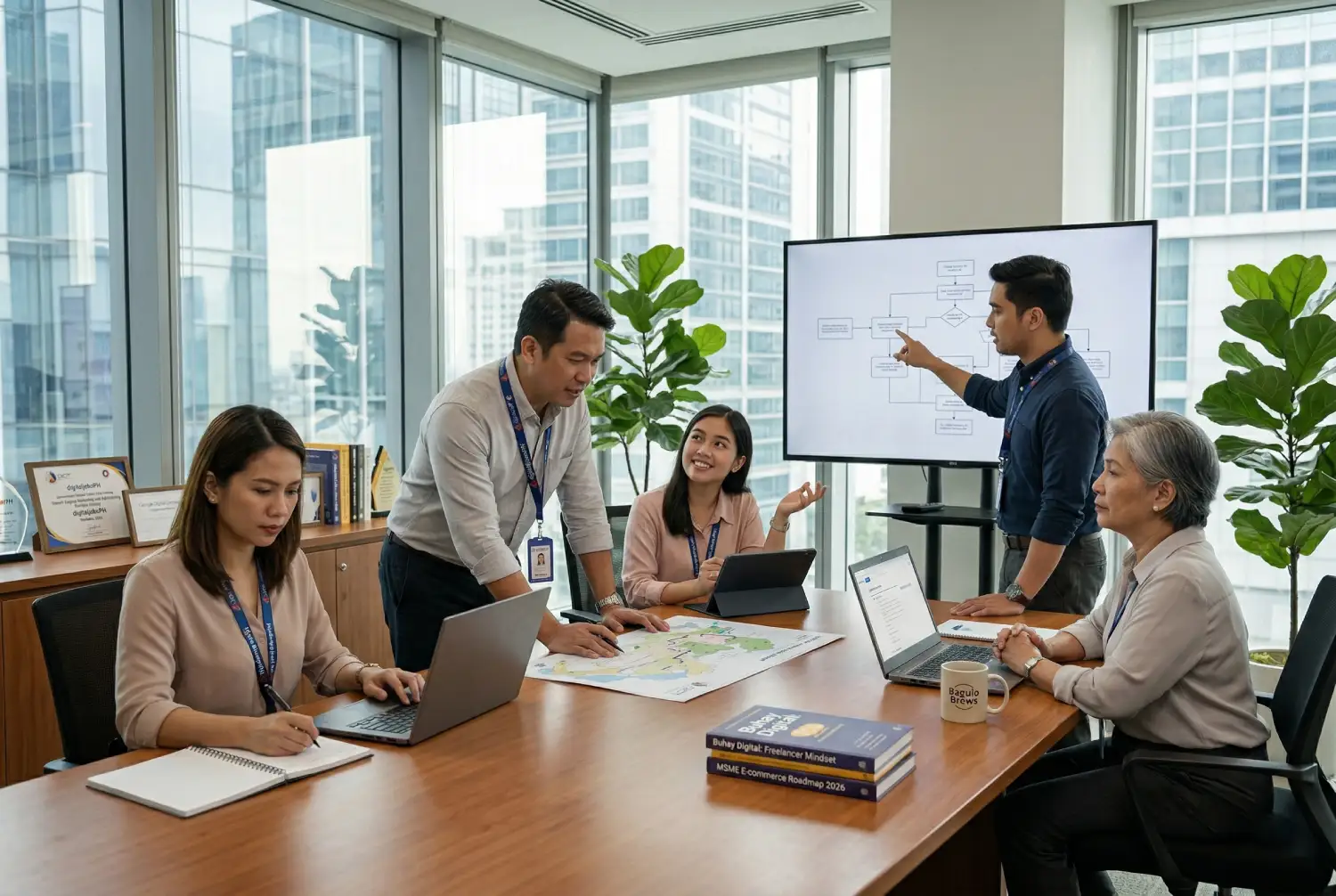 A diverse team of Filipino professionals in a modern conference room collaborating on a project after completing free digital marketing training Philippines.