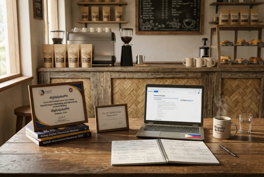 A laptop, open notebook, and framed certificates for free digital marketing training Philippines sitting on a rustic wooden table in a local cafe.