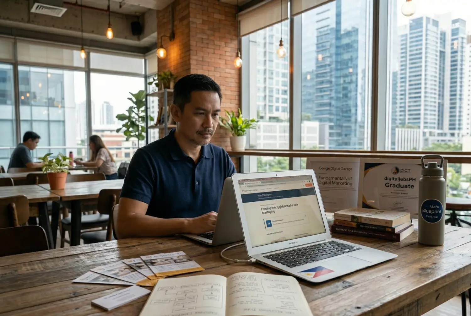 A Filipino man at a wooden table in a co-working space using a laptop to access free digital marketing training Philippines programs.