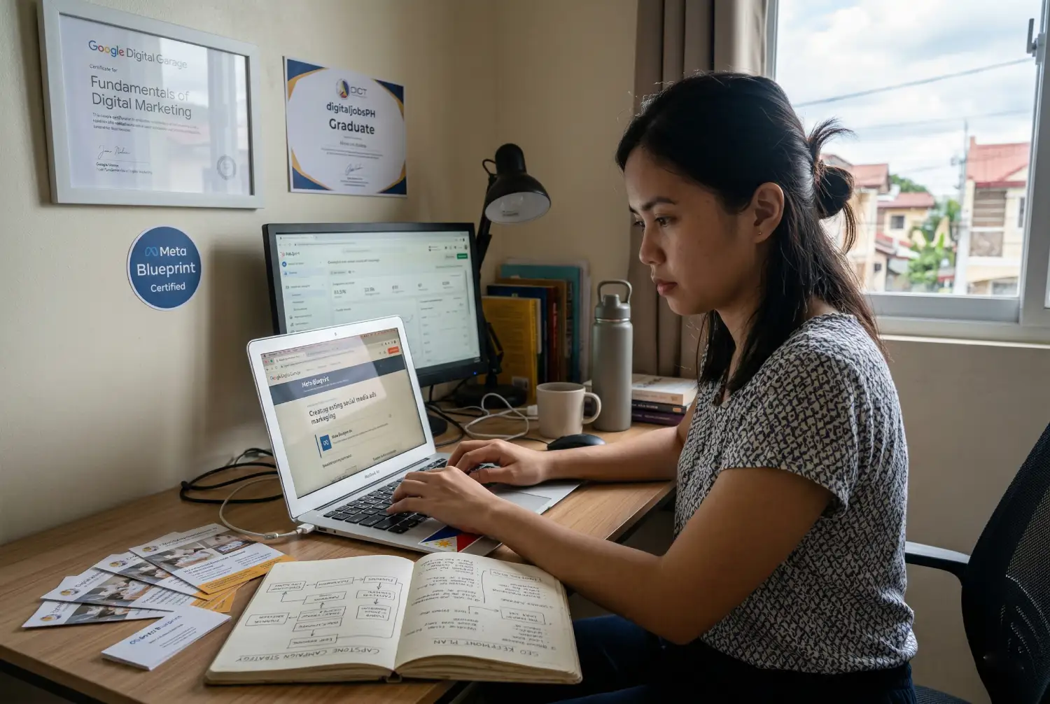 A Filipino woman studying free digital marketing training Philippines courses on her laptop at a home office desk with DICT and Google certificates on the wall.