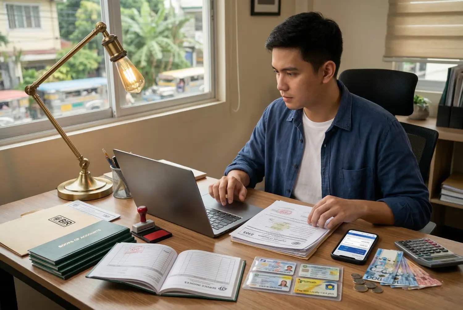A close-up of a freelancer's hands recording earnings in a ledger as part of a freelance income Philippines remote work setup, featuring a laptop with an invoice platform, BIR forms, and various currencies.