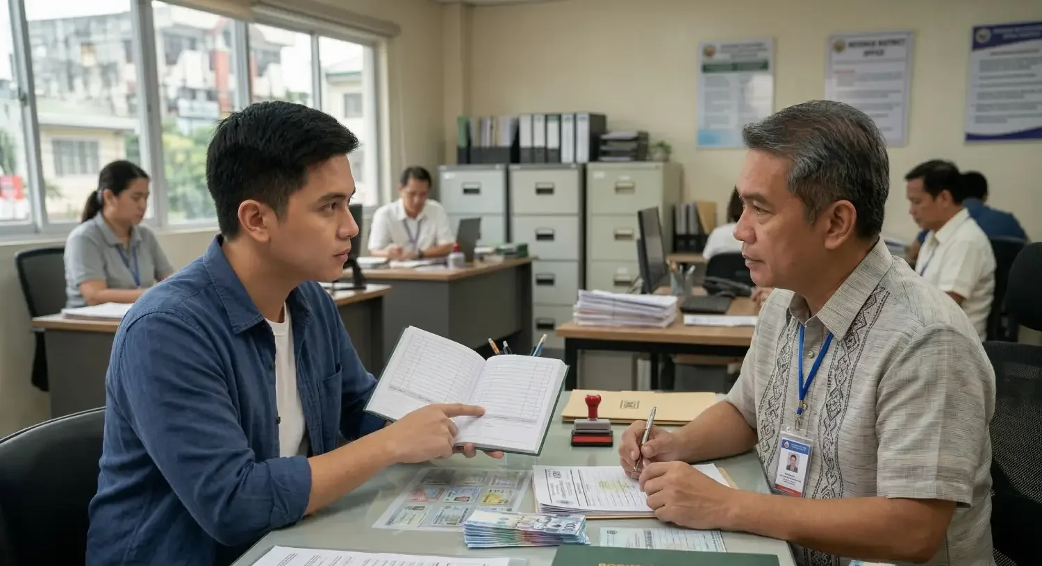 A well-organized freelance income Philippines remote work setup on a wooden desk featuring a laptop showing a Wise dashboard, a stack of account books, Philippine Peso bills, and BIR registration documents.