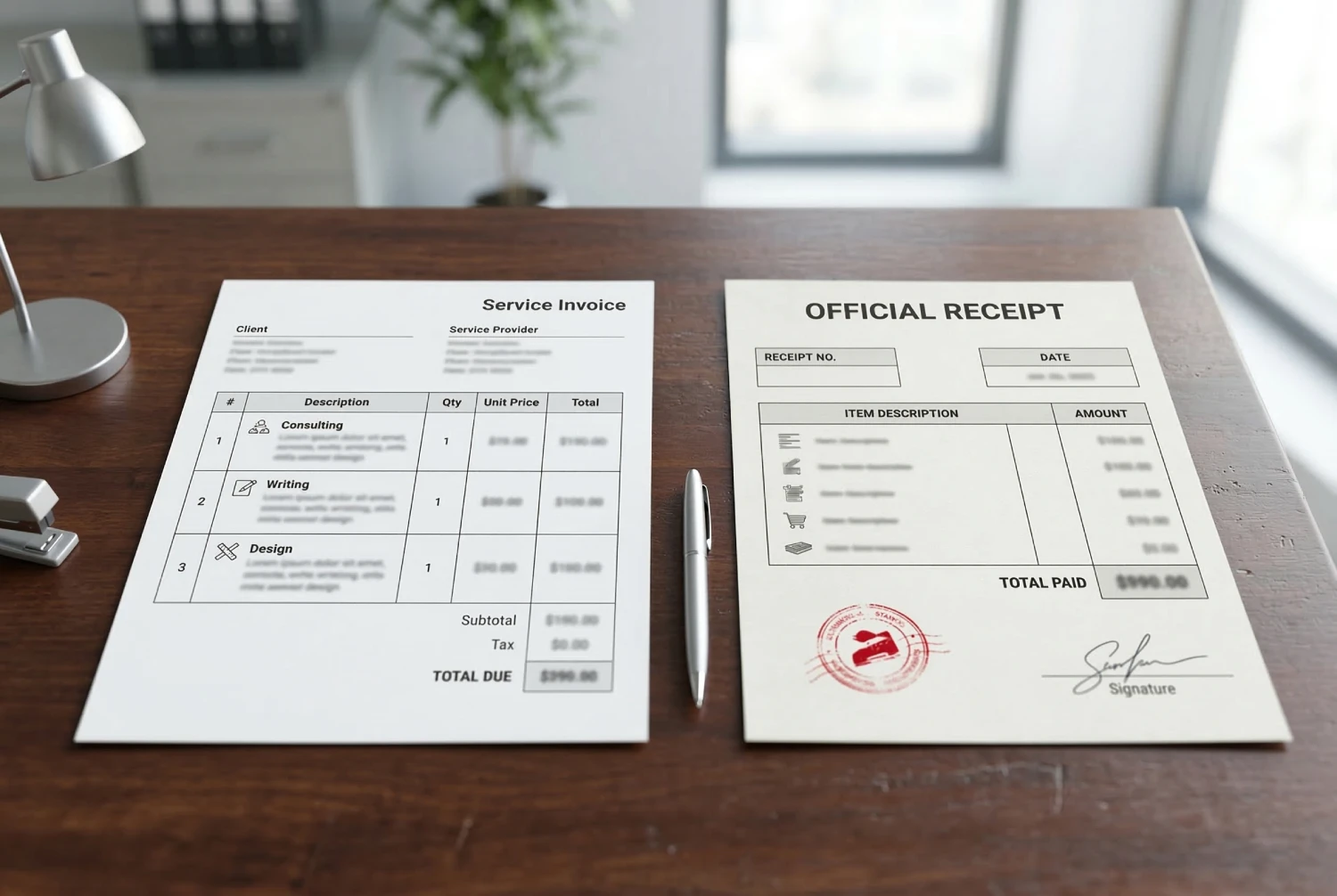 A professional freelance income Philippines remote work setup displaying a printed service invoice and an official receipt side-by-side on a desk, used for tracking business transactions and compliance.