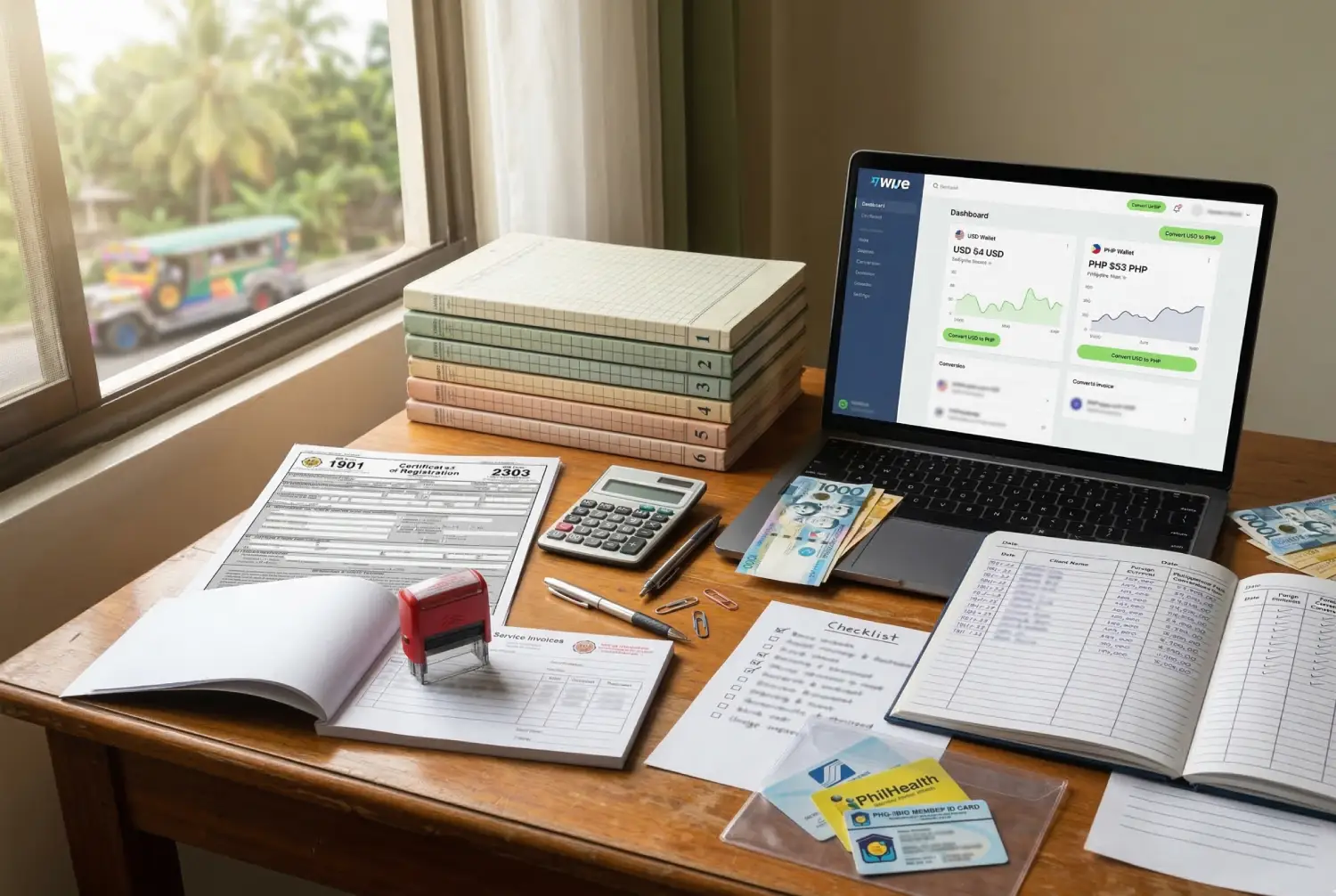 A freelancer consulting with an official about BIR tax compliance and account books, highlighting the administrative side of a freelance income Philippines remote work setup.