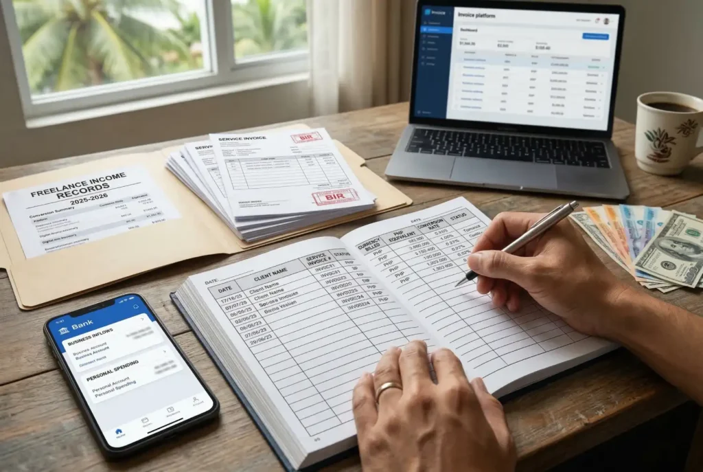 A freelancer working on his laptop at a desk with BIR forms, account books, and Philippine currency, illustrating a typical freelance income Philippines remote work setup for a self-employed professional.