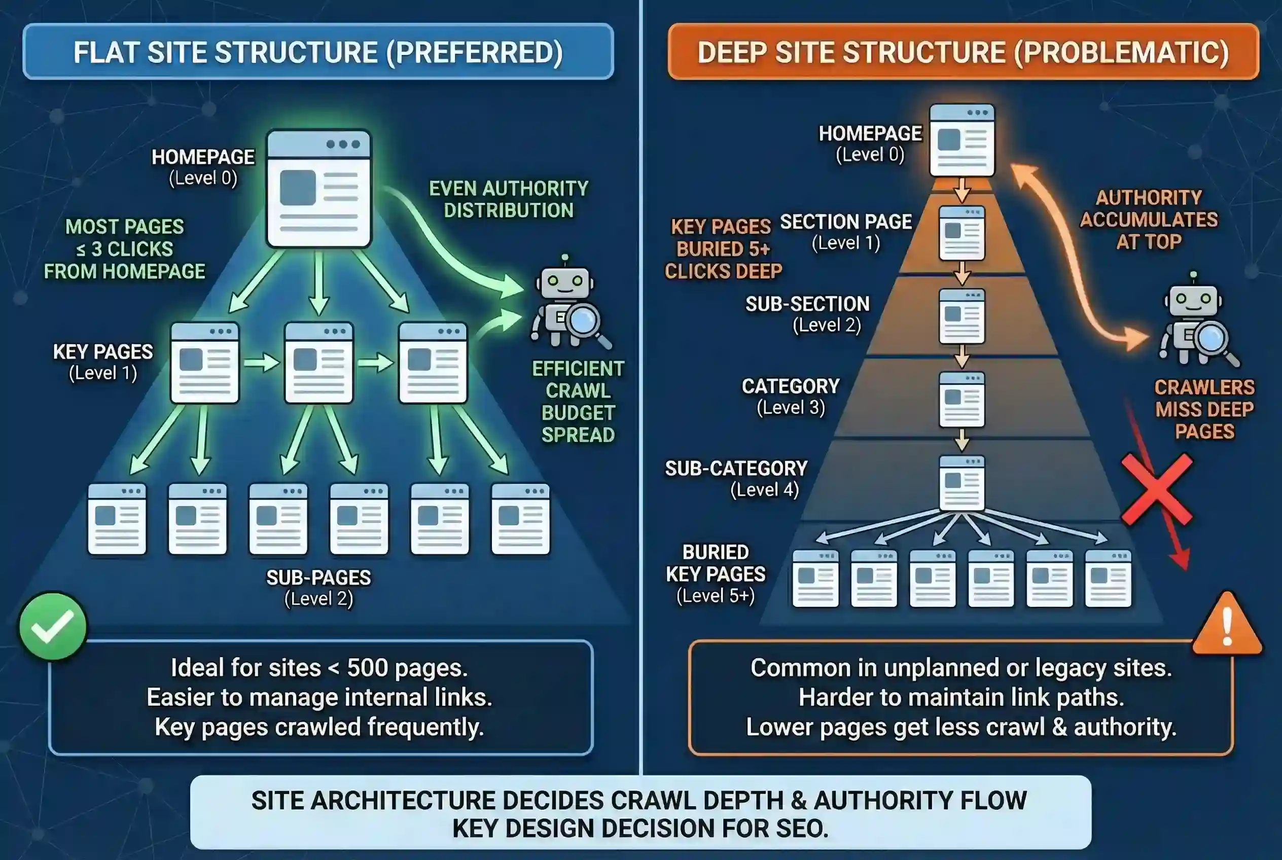 A technical SEO web design comparison diagram showing the benefits of a flat site structure with high crawl efficiency versus a deep structure that buries key pages.