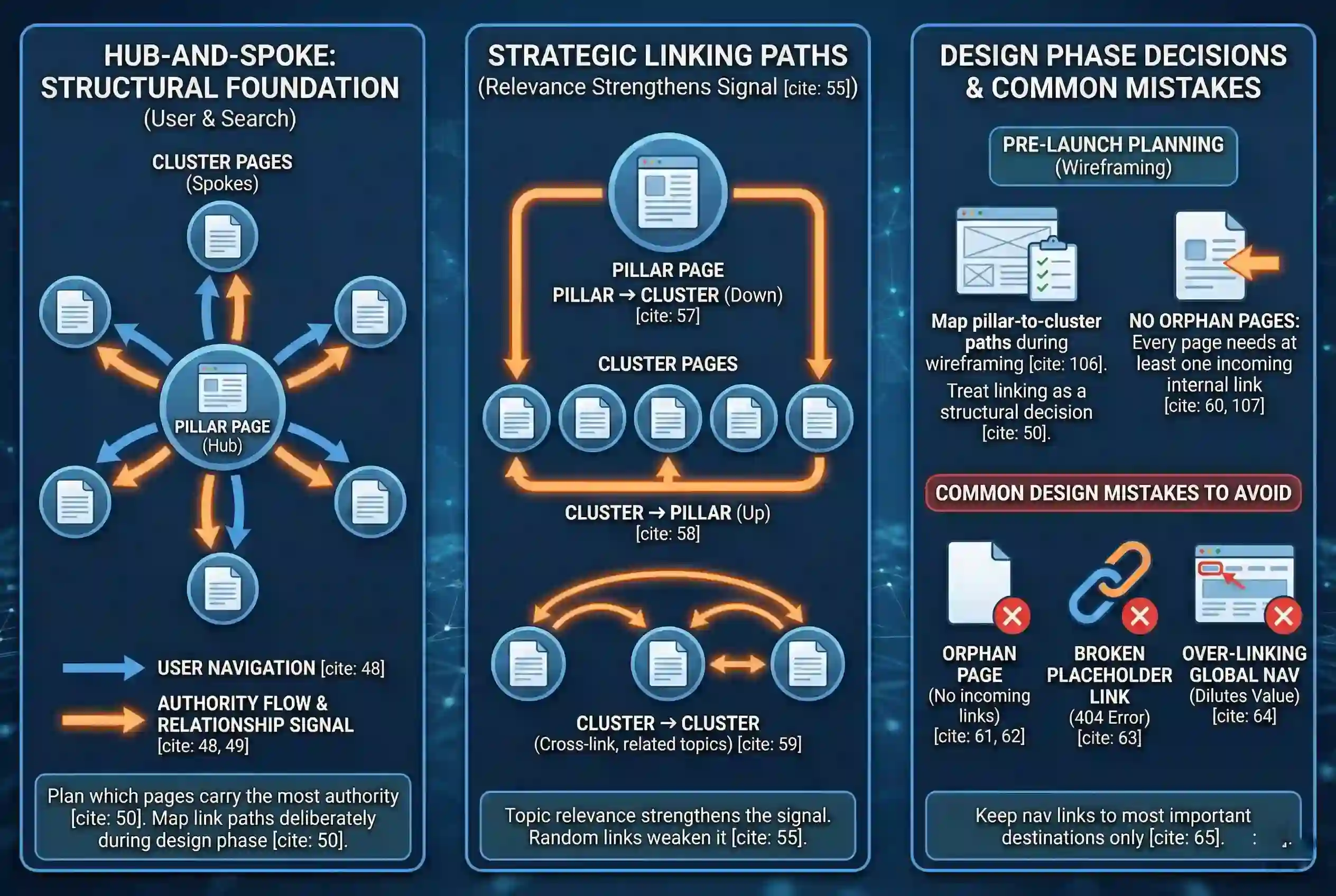 A detailed technical SEO web design infographic illustrating the hub-and-spoke internal linking model, highlighting how authority flows between pillar and cluster pages while avoiding orphan pages.